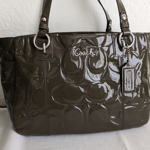 Coach Handbags - Coach Patent Leather C Embossed Satchel in Olive Green